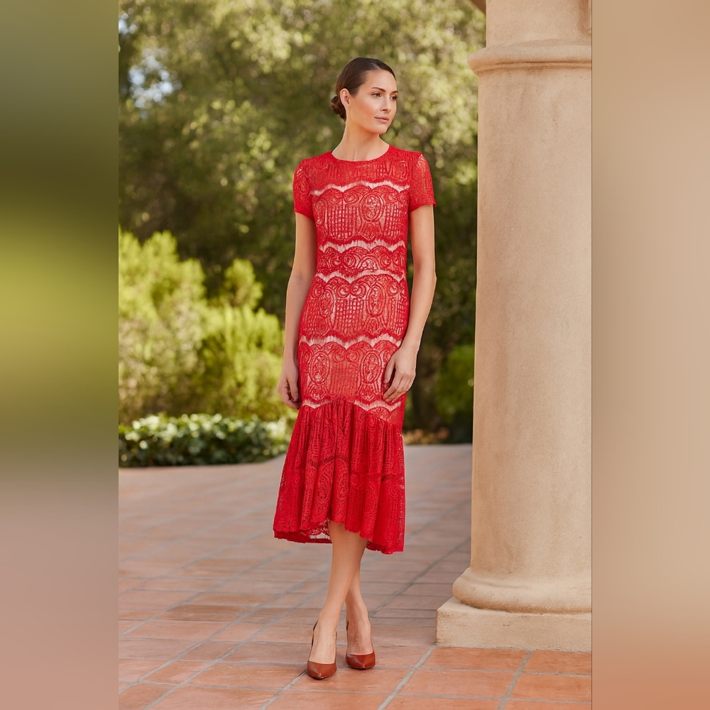Anthropologie Red Lace Midi Dress
